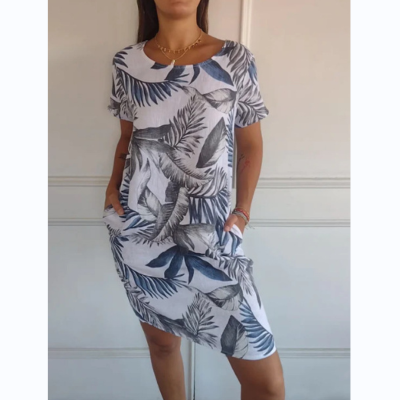 Rundhalskleid mit botanischem Print – Damen