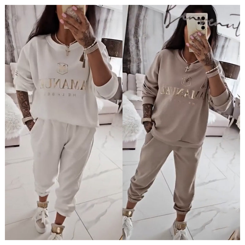 Zweiteiler mit Print-Bluse und weiter Hose – Damen