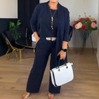 Dreiteiliges Set mit Longcardigan, Oberteil und weiter Hose – Damen