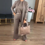 Dreiteiliges Set mit Longcardigan, Oberteil und weiter Hose – Damen