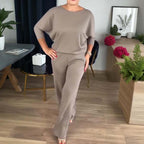 Dreiteiliges Set mit Longcardigan, Oberteil und weiter Hose – Damen