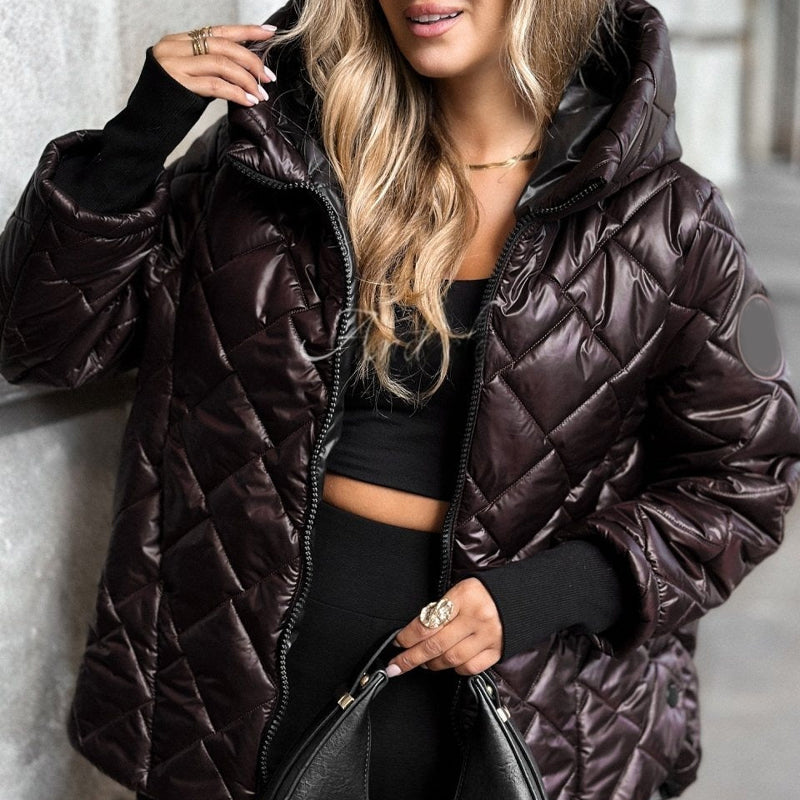 Pufferjacke mit Rauten-Steppung und Kapuze – Damen