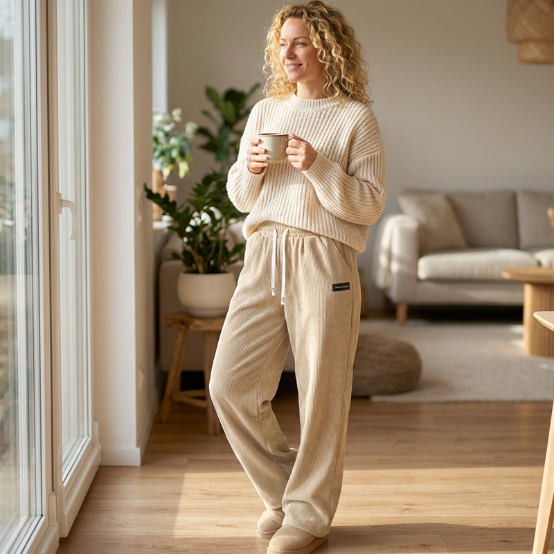 Cordhose mit weitem Bein und Kordelzug – Damen