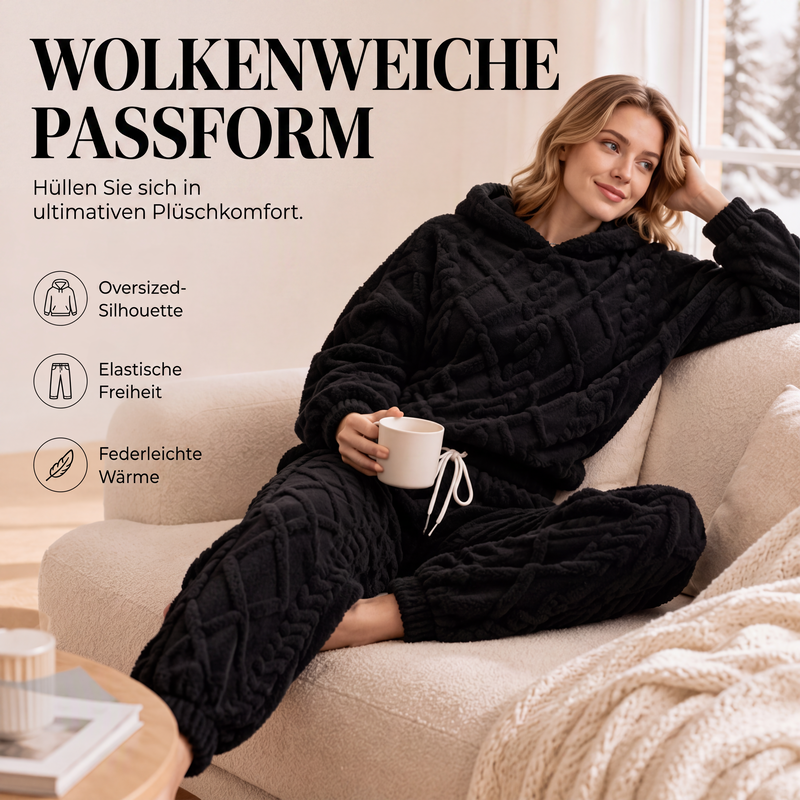 Plüsch-Set mit Zopfmuster – Kapuzenpullover und Hose, Damen