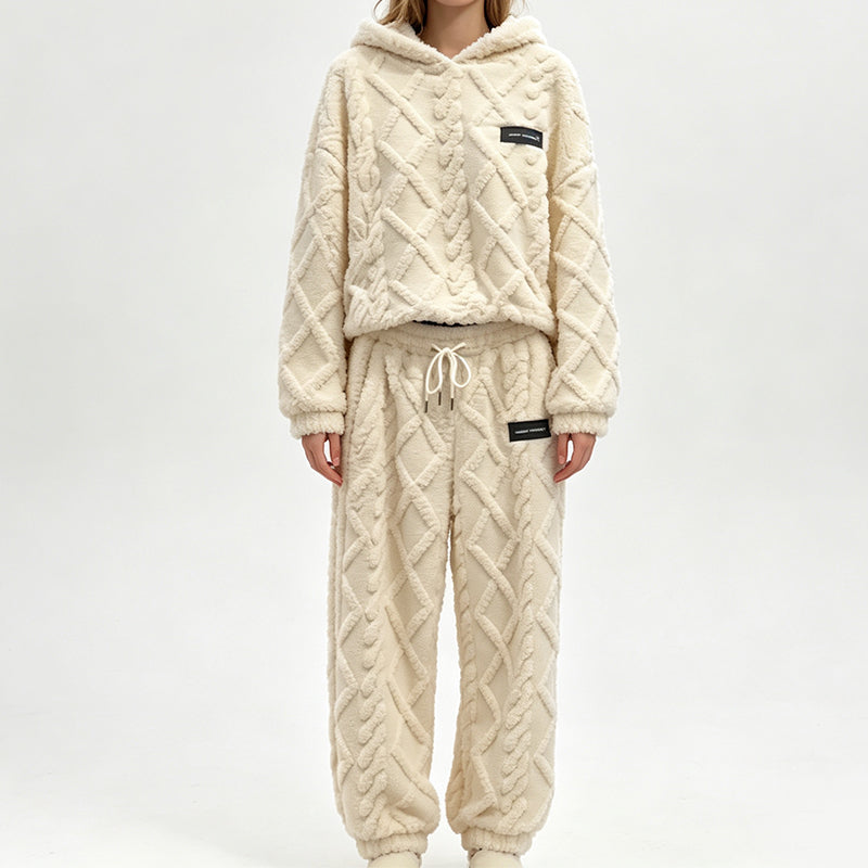 Plüsch-Set mit Zopfmuster – Kapuzenpullover und Hose, Damen