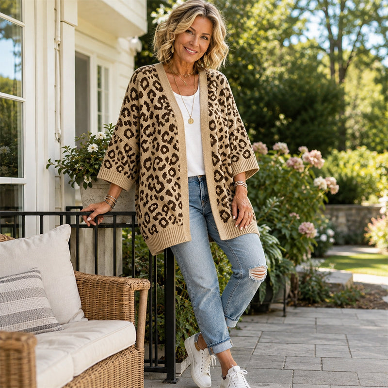 Oversize-Strickjacke mit Leopardenmuster – Damen