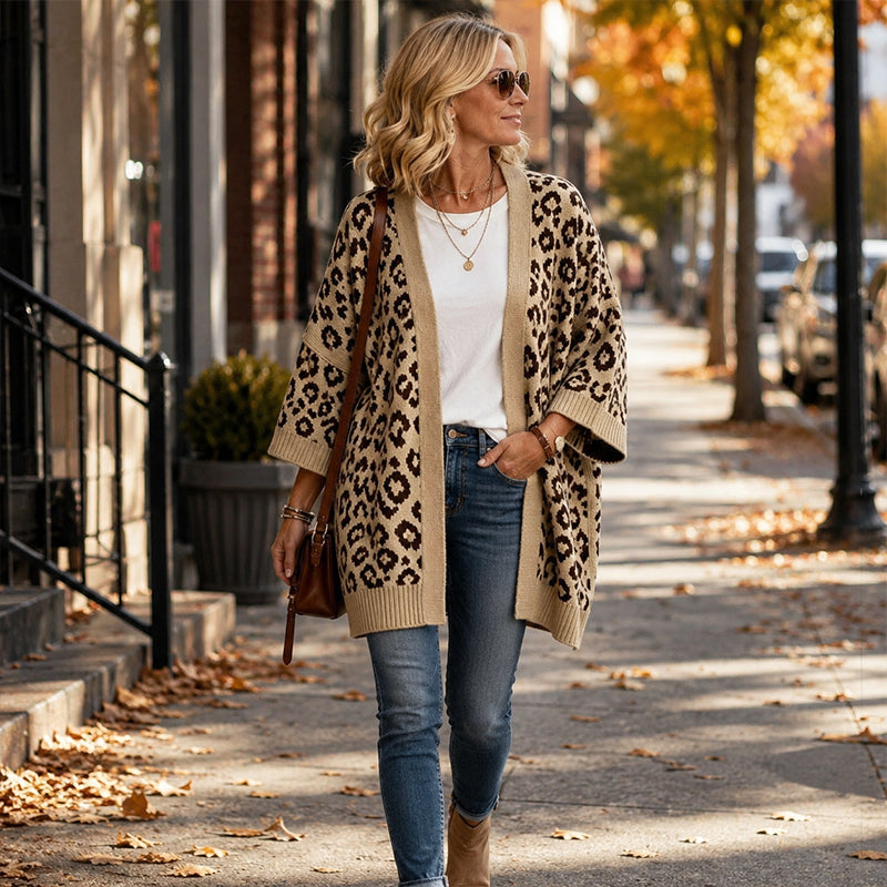Oversize-Strickjacke mit Leopardenmuster – Damen