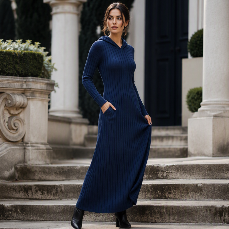 Rippstrick-Maxikleid mit Kapuze und Seitentaschen – Damen