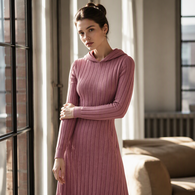 Rippstrick-Maxikleid mit Kapuze und Seitentaschen – Damen