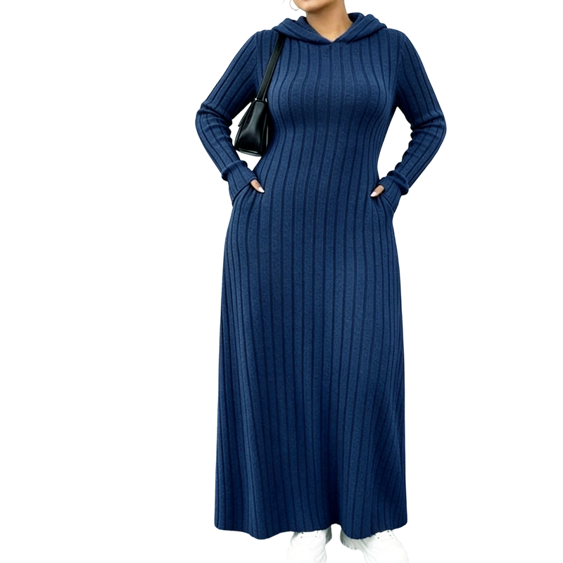 Rippstrick-Maxikleid mit Kapuze und Seitentaschen – Damen