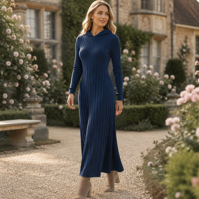 Rippstrick-Maxikleid mit Kapuze und Seitentaschen – Damen