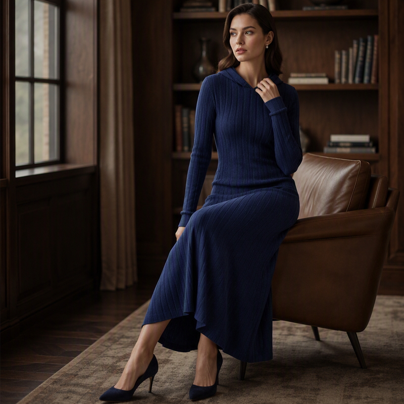 Rippstrick-Maxikleid mit Kapuze und Seitentaschen – Damen