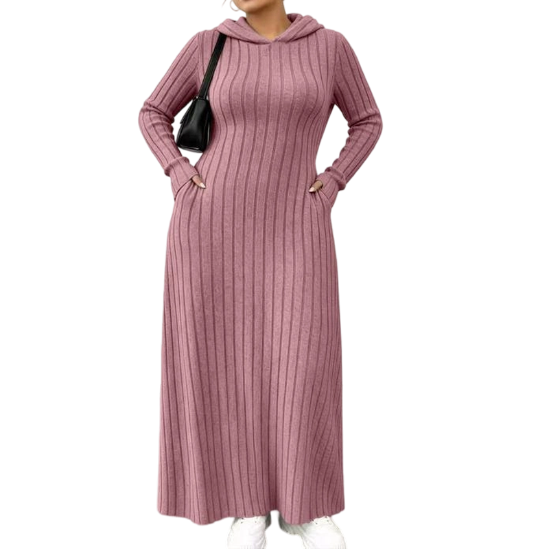 Rippstrick-Maxikleid mit Kapuze und Seitentaschen – Damen