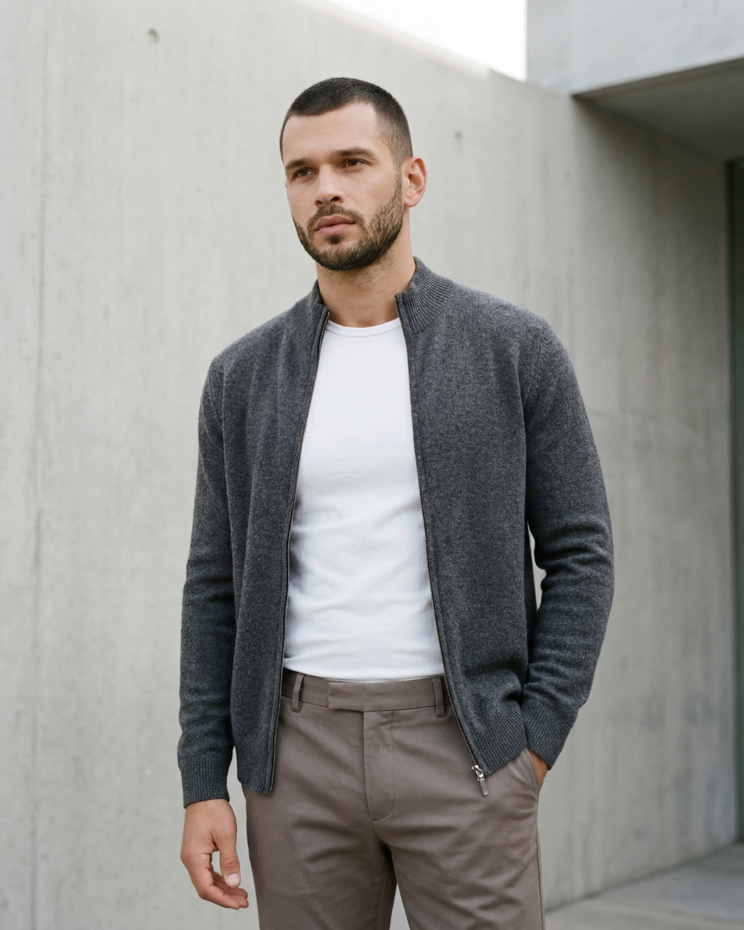 Merino Wool Full-Zip Sweater - Graphite