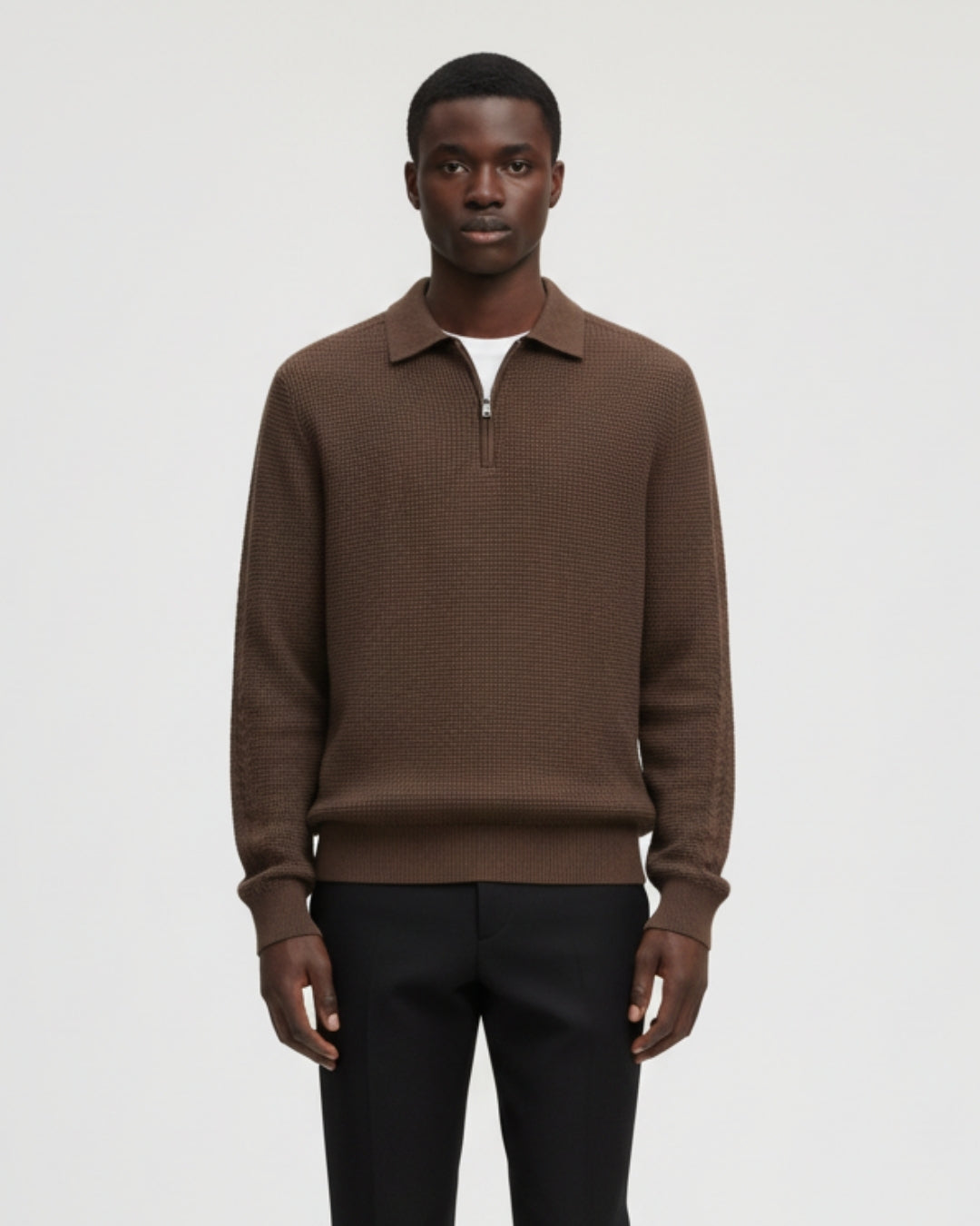 Cotton Waffle Half-Zip Sweater - Espresso