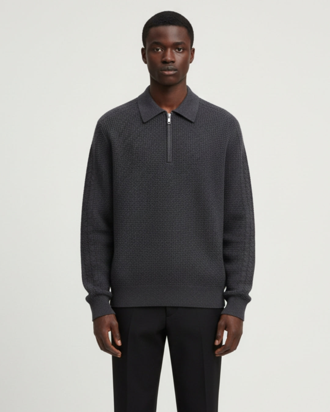 Cotton Waffle Half-Zip Sweater - Graphite