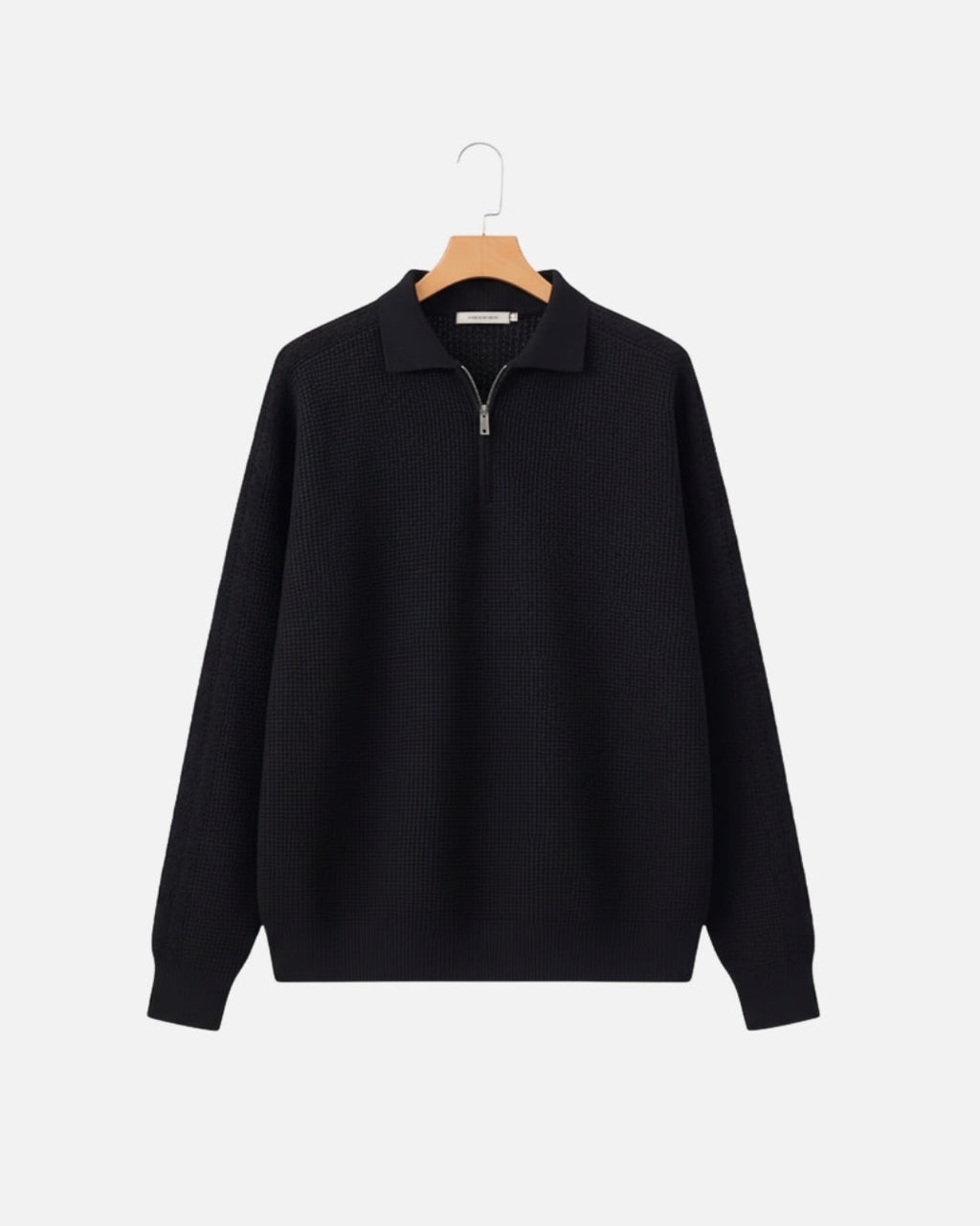 Cotton Waffle Half-Zip Sweater - Black