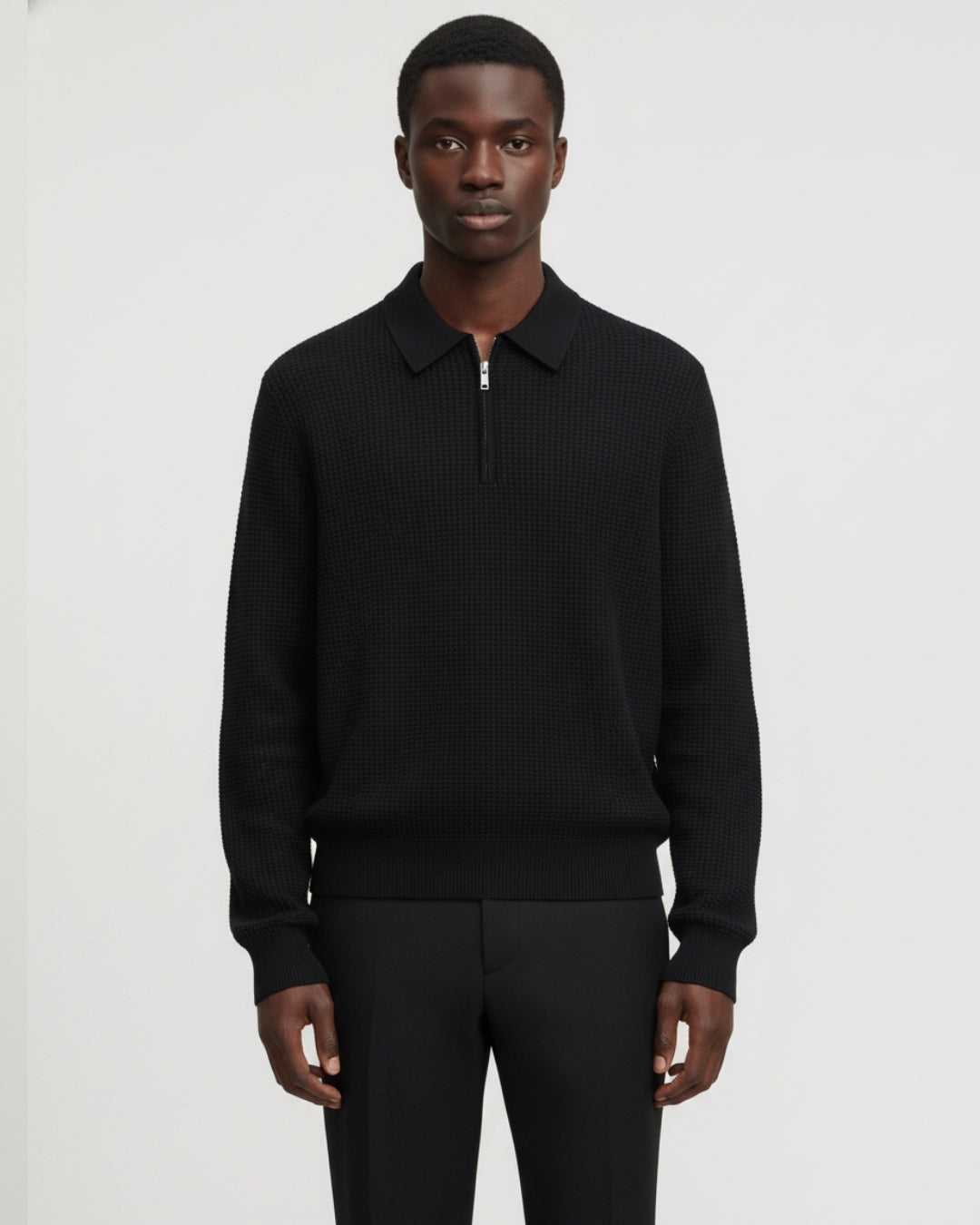 Cotton Waffle Half-Zip Sweater - Black