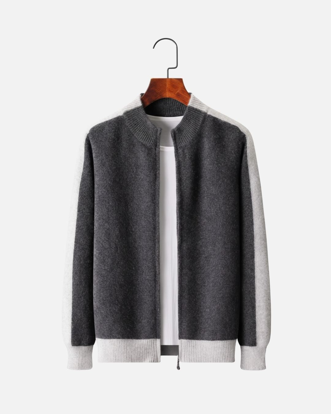 Merino Wool Full-Zip Two-Tone Sweater - Graphite