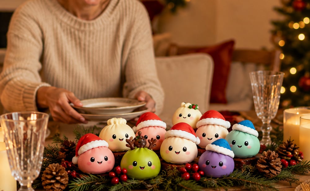 Squishy-Adventskalender – Dumpling-Figuren auf dem Weihnachtstisch